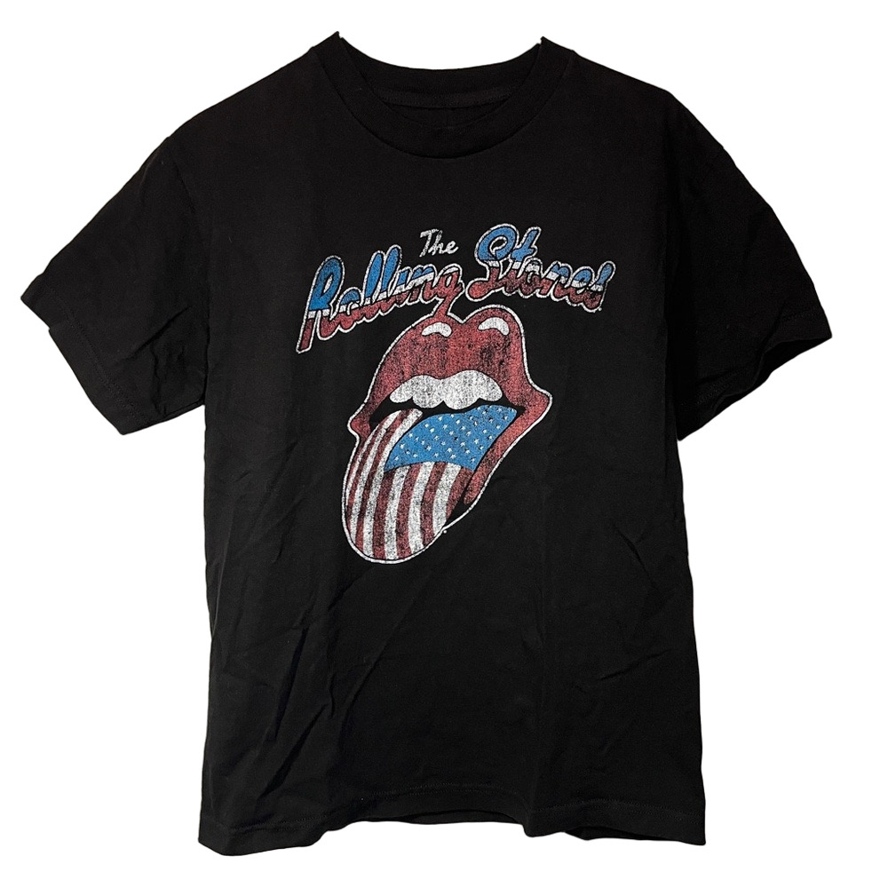 the Rolling Stones Black Short Sleeve Tee with Red, White & Blue Tongue Graphic